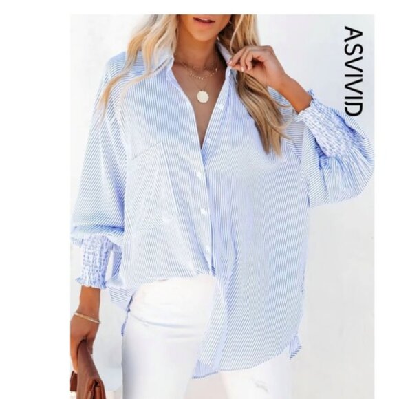 Blue & White Oversized Pinstriped Smocked Button-Up Shirt (XL / 1X) SO PRETTY! - Picture 1 of 14